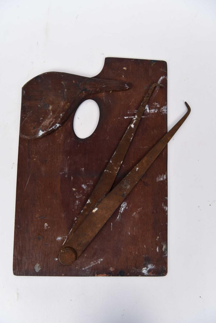 JOHN HABERLE (AMERICAN 1856-1933) ARTIST PALETTE: Vintage wood palette and a caliper used by the artist from his estate. Dimensions: H 13" x W 9" Condition: As shown.