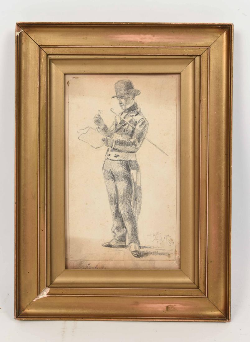 JOHN HABERLE (AMERICAN 1856-1933) DRAWING: Of a man reading a newspaper with his eyeglass and cane. Signed lower left and initials and dated lower right and HAB, Feb 17, '86. Dimensions: H 9" x W 5" Condition: Some foxing and paper glued down