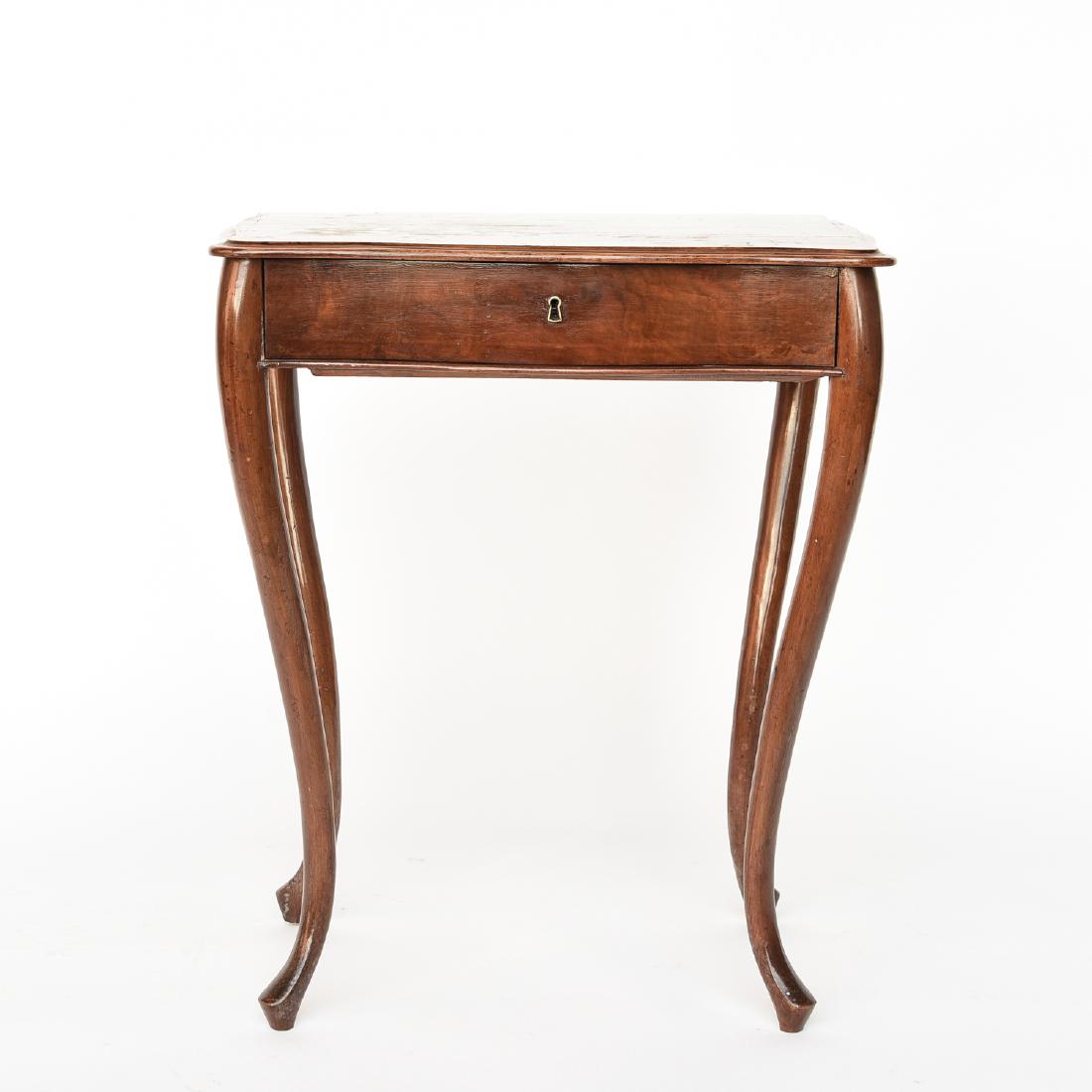 DANISH BURL FINISH SEWING CABINET/TABLE: Dimensions: H 24" x W 20" x D 15" Condition: Some stress cracks to surface. No key. Some nicks, dings, and light finish wear.