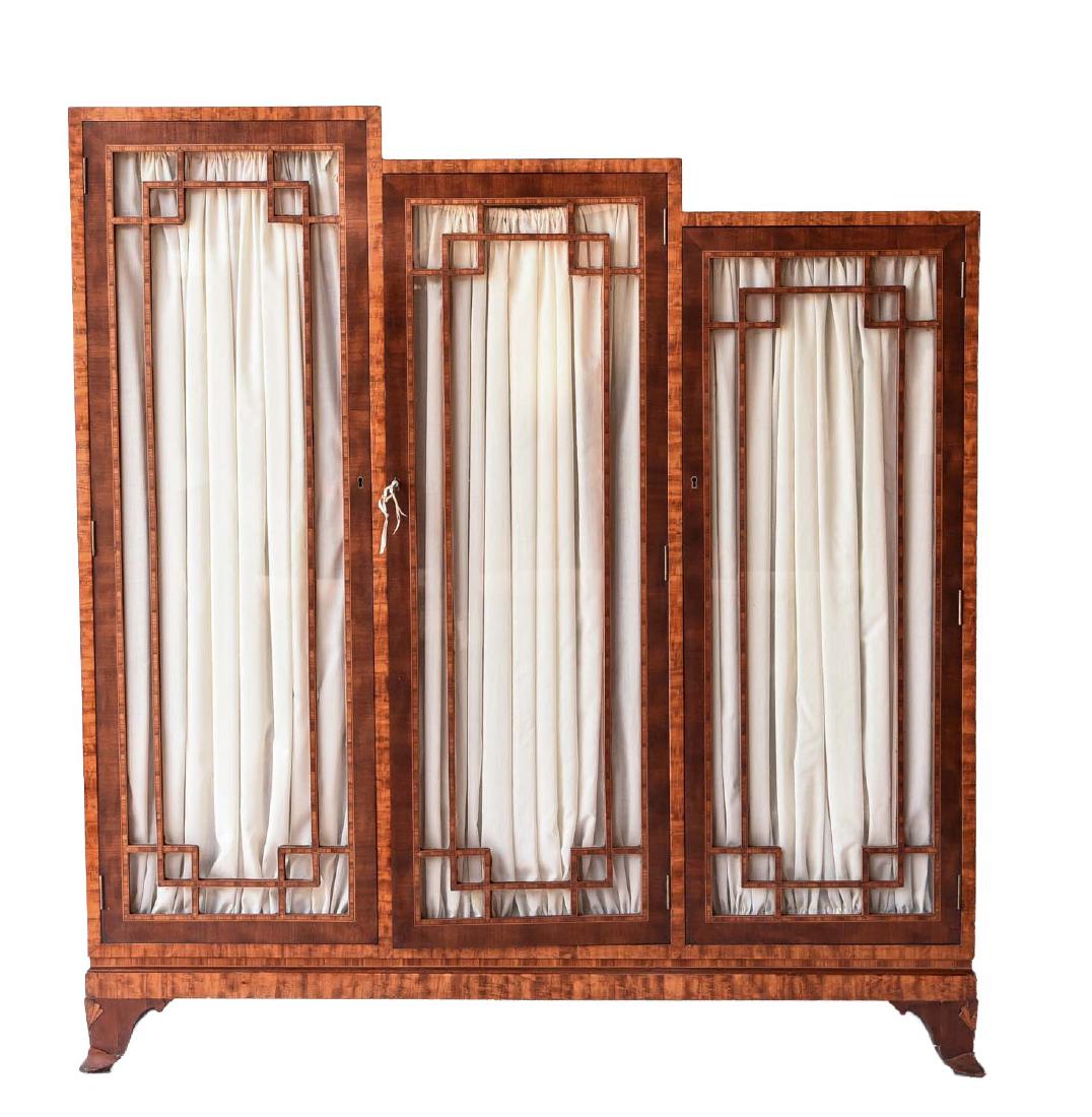 ART DECO STEPPED CABINET: Dimensions: H 56" x W 51.5" x D 12" Condition: Crack to one small glass panel.