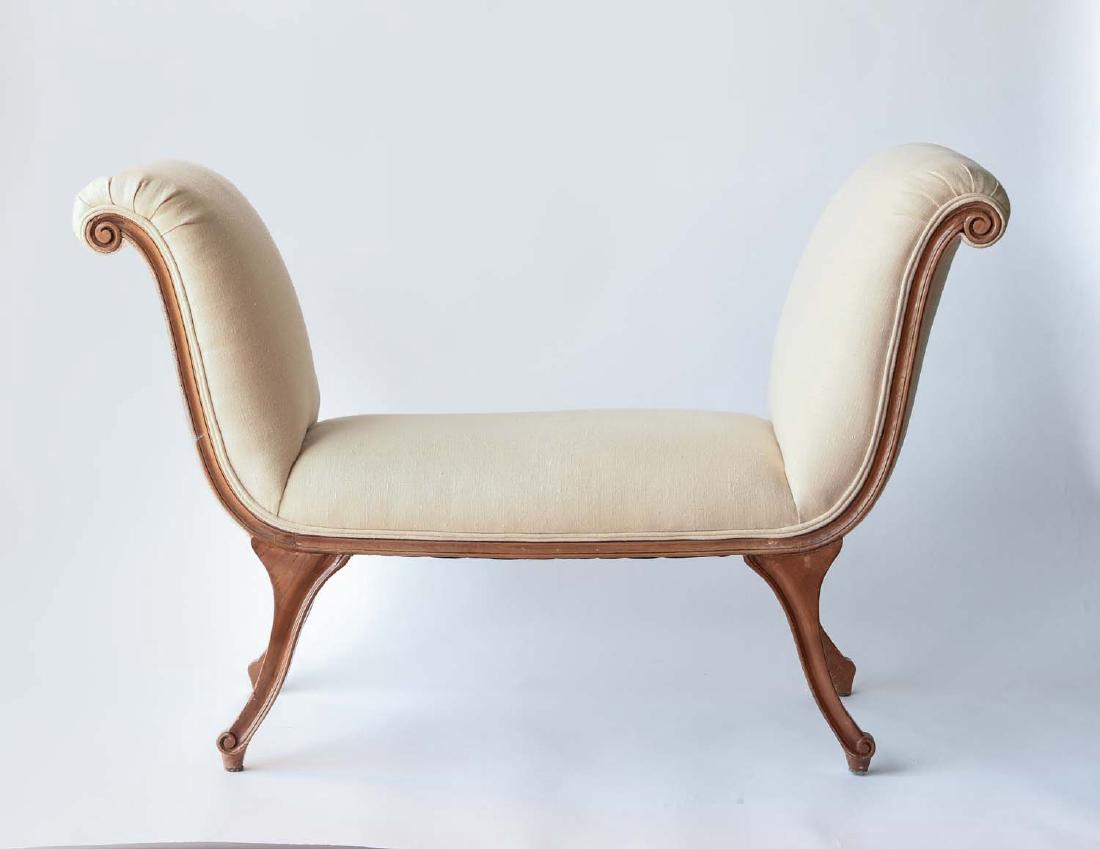 UPHOLDTERED BENCH WITH ROLLED ARMS: Dimensions: H 31.5" x W 50" x D 16" Condition: Some nicks, dings, and a few cracks to wood. Light wear to upholstery and a couple small stains.