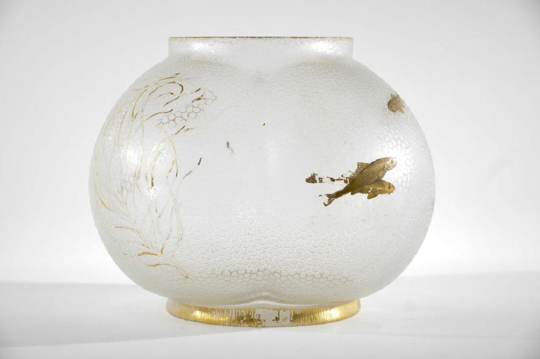 EARLY ART NOUVEAU CAMEO ART GLASS BOWL / VASE: Asymmetrical form and decorated with gold gilt to the rim and base and relief gold fishes and seaweed. Signed on the bottom R d39086. Dimensions: H 8" x W 10.5" Condition: Good, small inner chip on th