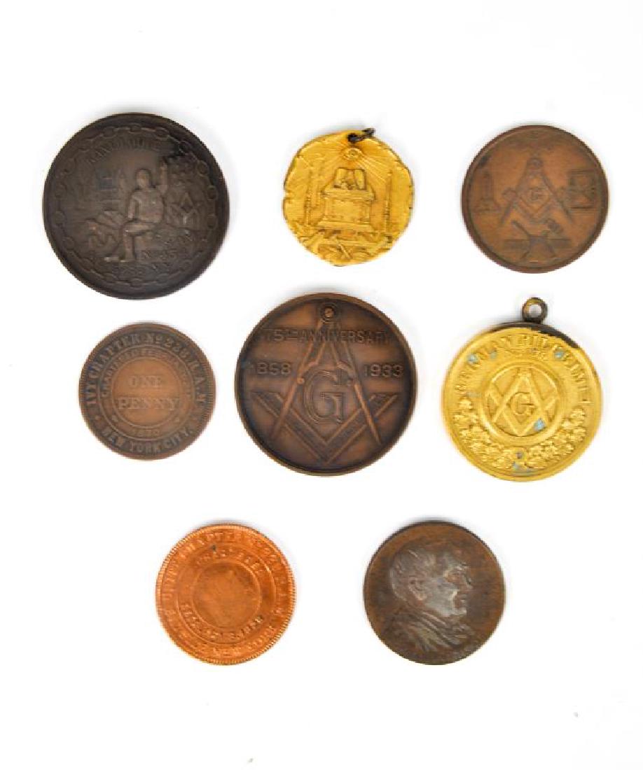 GROUPING OF MASONIC TOKENS: 8 pieces. Including Kane Lodge member and anniversary tokens, German pilgrim token, Salaam Temple token, etc. Dimensions: Kane Lodge: dia 1.5" Condition: good, some patina