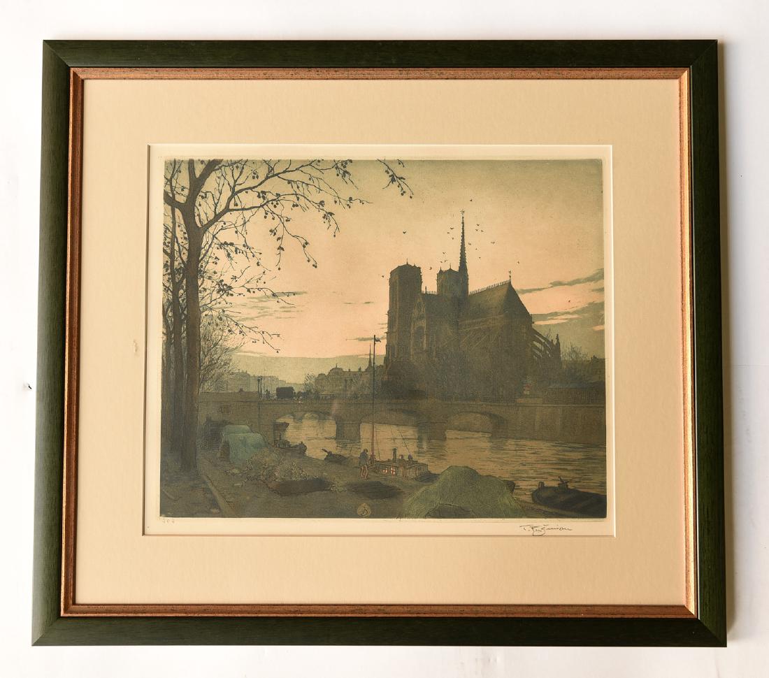 TAVIK F. SIMON (CZECH REPUBLIC 1877-1942): "View of Notre Dame in the Rain, Paris" (Novak504) Edition 202, signed lower right. Dimensions: (Frame) H 19.75" x W 22.25", (Sight) H 12.75" x W 15.25" Condition: No issues to note.