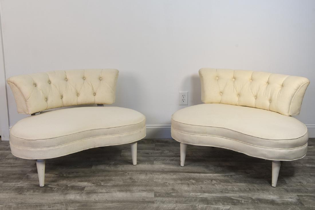 PAIR OF TUFTED KIDNEY SHAPE SETTEES: Mid-Century. Dimensions: H 18.5" x W 40" x D 24" Condition: Upholstery shows signs of age, sturdy.