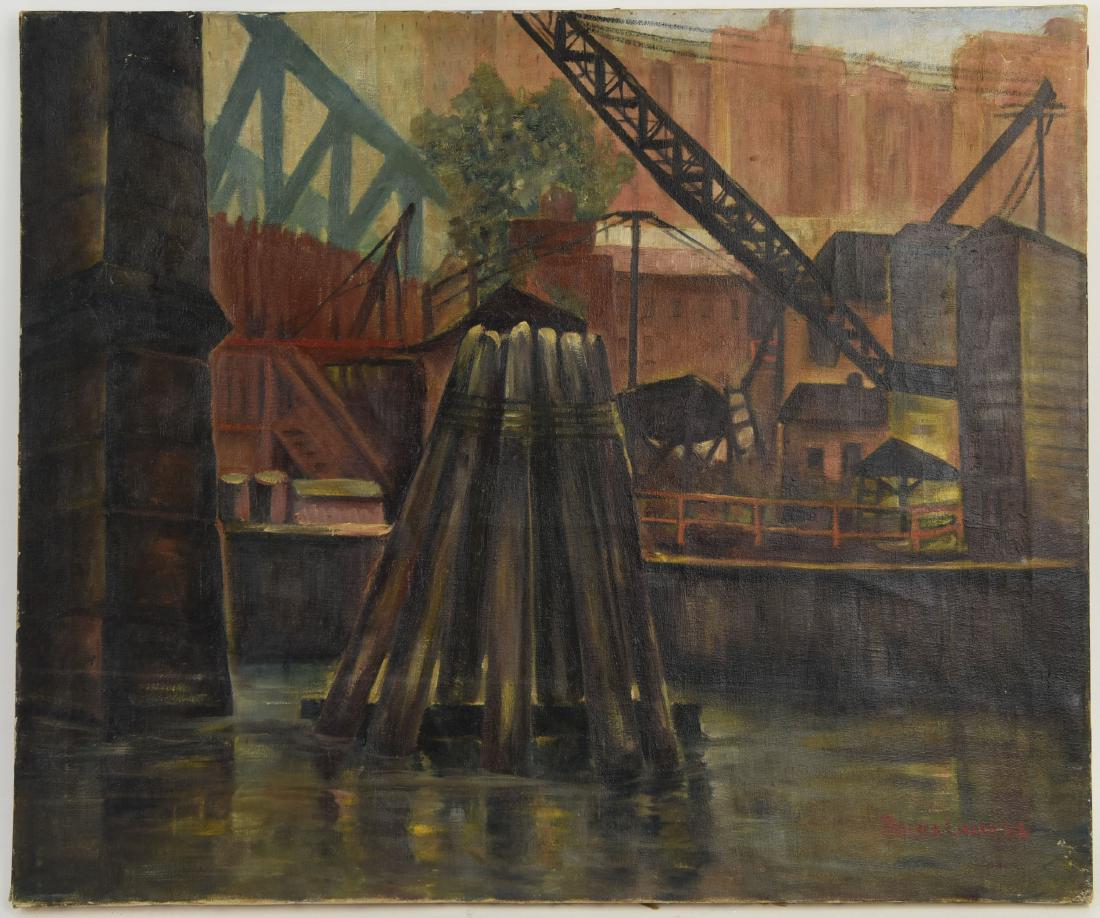 WPA INDUSTRIAL SCENE OIL ON CANVAS: Signed Rebecca Lisser '48. Dimensions: H 25" x W 30" Condition: Puncture to canvas. Wear to edges.