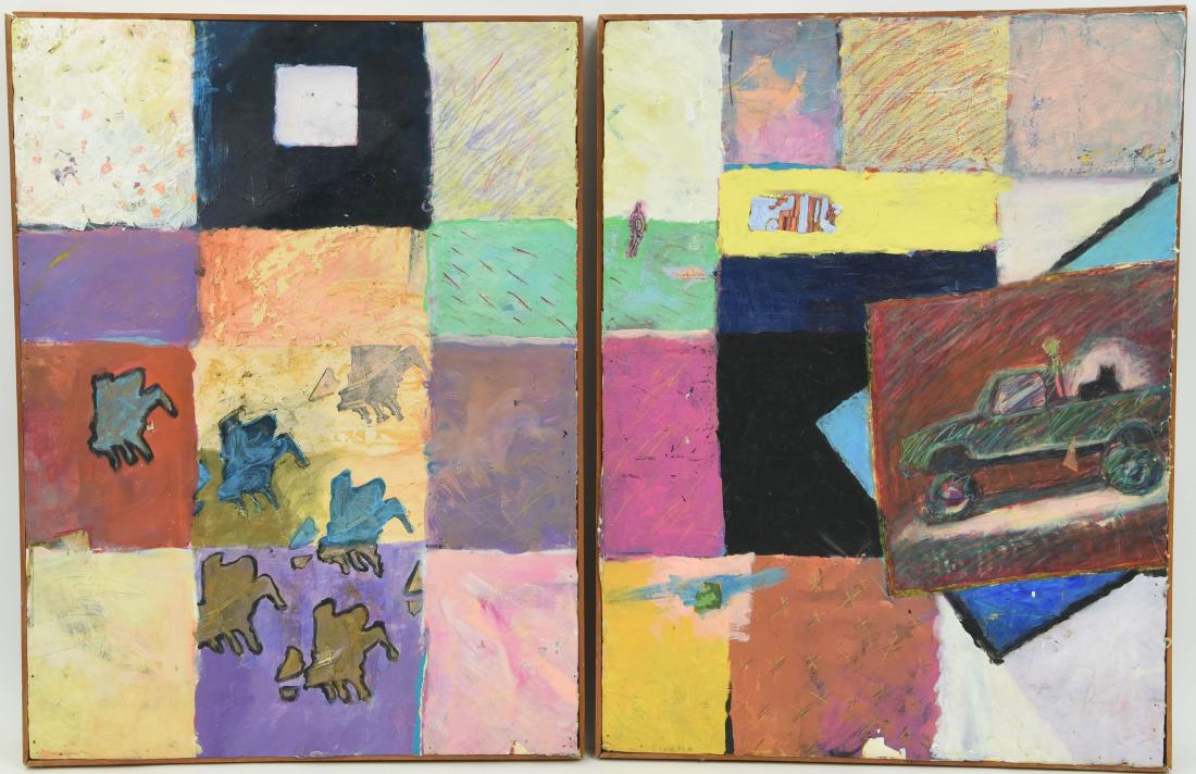 (2) PHILIP STANTON C. 1990 PAINTINGS: Dimensions: (Frame) H 40.75" x W 30.75" x D 2.25" Condition: Musty odor. Losses to frame.
