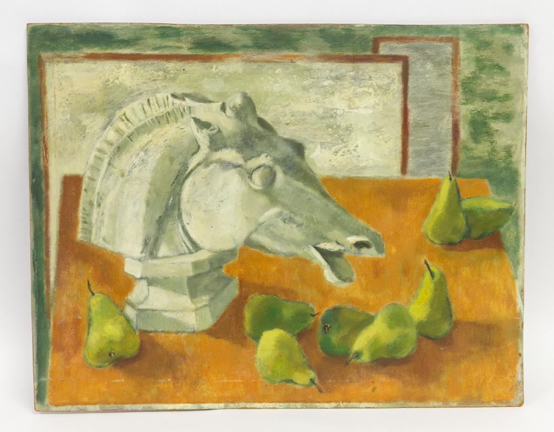 PAUL ZIMMERMAN (AMERICAN 1921-2007): Untitled (still life group of pairs and statue of a horse.), c.1950's. Oil on canvas, signed in the verso. Dimensions: H 21.5" x W 27. Condition: Surface dirt.