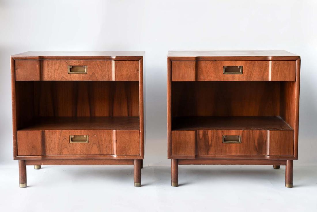 PAIR OF WIDDICOMB NIGHTSTANDS: Marked: John Widdicomb inside of drawer. Dimensions: H 24.5" x W 24" x D 16" Condition: Chips to a few edges. Impact dent to one upper corner. Some scratches and dings.