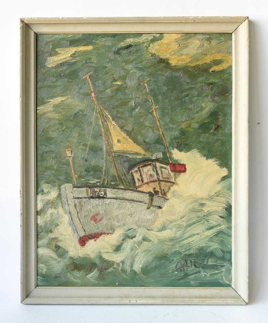 TUGBOAT IN A STORM, O/B, 1957: Oil on masonite board, initials and date lower right. Dimensions: (Frame) H 22" x W 17.5", (Board) H 20.5" x W 16" Condition: some chips to the frame.