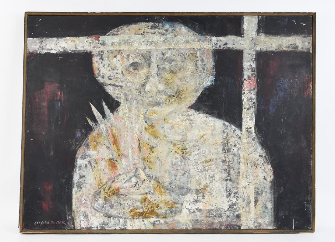 LEONARD BESSER (AMERICAN 1919 -): Marked: "Leonard Besser". Oil on board, not signed. Dimensions: H 37" x W 49" Condition: Frame has some chipping and scratches consistent with age.