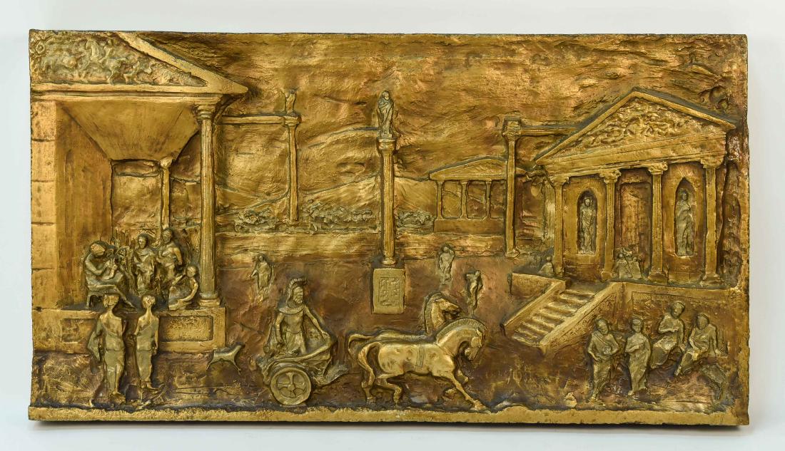 MID-CENTURY SCULPTURAL RELIEF WALL ART: Molded fiberglass, painted in gold. Dimensions: H 29.75" x W 54.5" x D 4" Condition: Few small chips and finish wear.