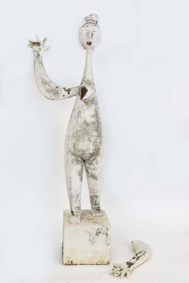 SCULPTURE IN MANNER OF BJORN WIINBLAD: Untitled (female with her arms extended.) Composition, initials TM on the base. Dimensions: H 38.5" x W 13" x 7.25" Condition: Broken arms.