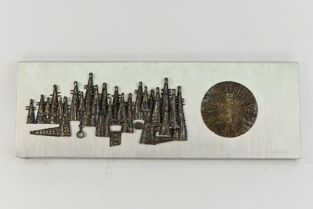 GIMENEZ NUNEZ BRUTALIST WALL SCULPTURE: Wall plaque, Signed lower right: Gimenez Nunez, 70' Dimensions: H 10" x W 29.5" x D 2.25" Condition: Dent to lower left corner.