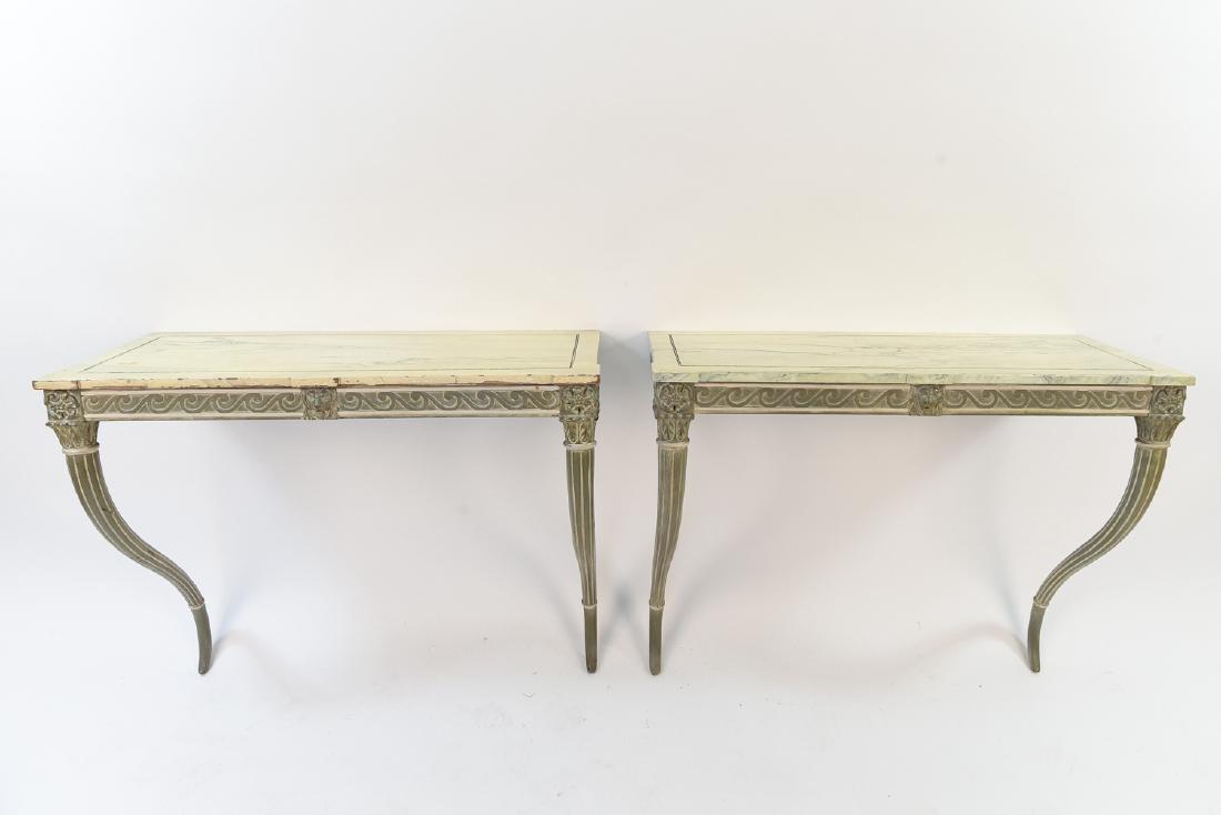 ITALIAN STYLE FLOATING WALL CONSOLES: Faux painted carved wood. Marked with company name. Dimensions: H 24.75" x W 29.5" x D 12.5" Condition: Some scratches and chips to paint finish.