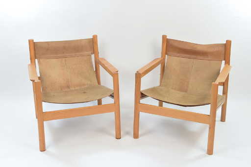 Michel Arnoult Leather And Wood Sling Chairs
