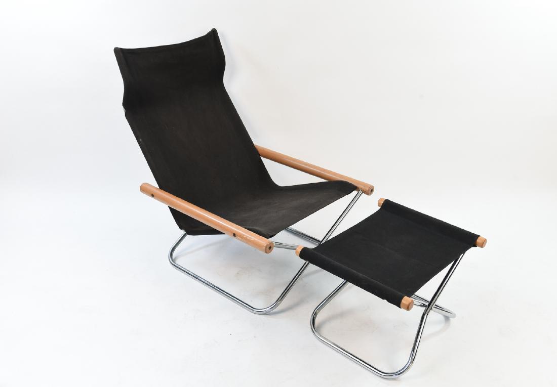 TAKESHI NII "NY" FOLDING CHAIR AND OTTOMAN: Tag on both. Dimensions: (chair) H 33.5" x W 24.5" x D 32", (stool) H 13.5" x W 2." x D 16.5" Condition: Shallow marks and scrapes to wood on both pieces, pitting to chrome.