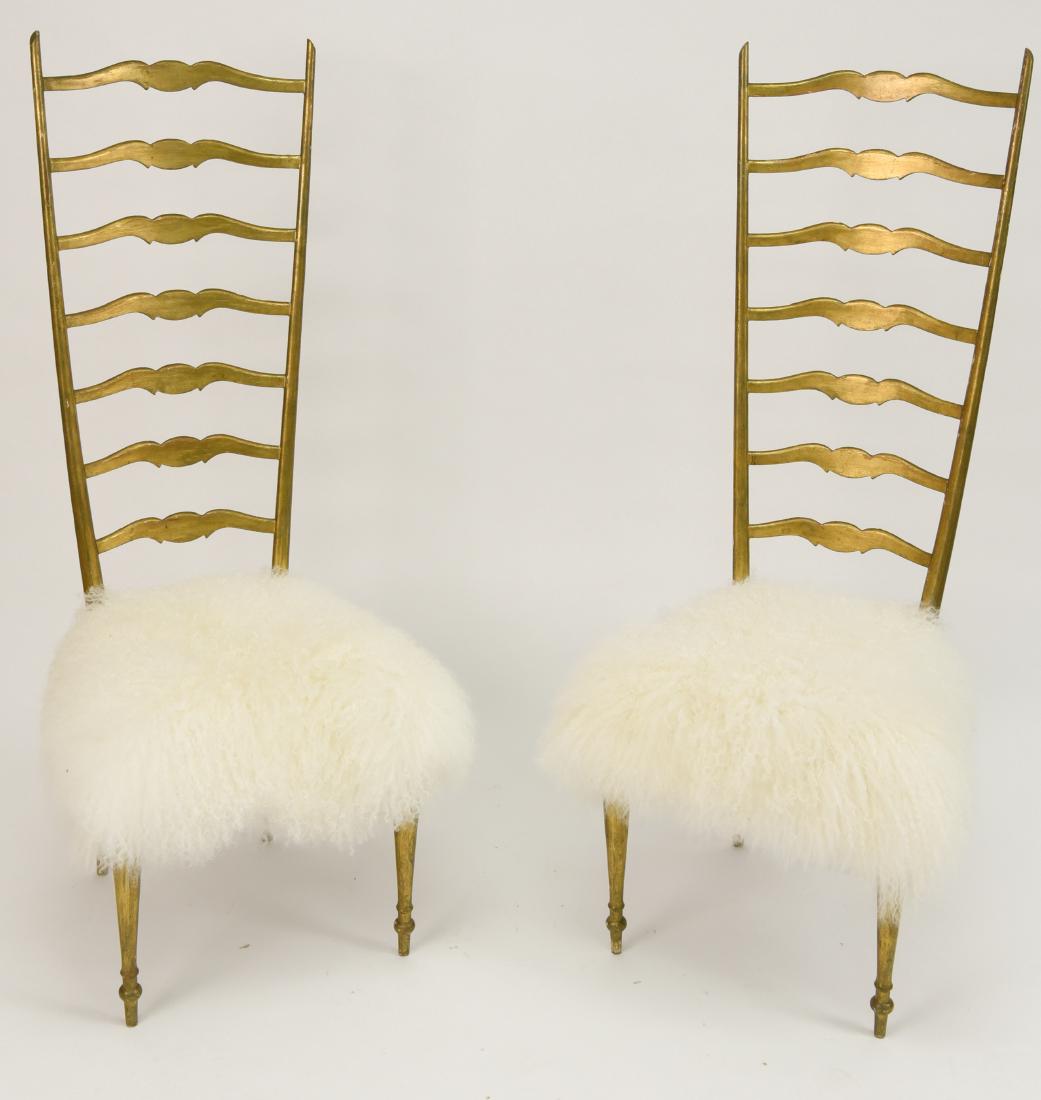 PAIR OF GILT CHIAVARI CHAIRS: Made in Italy on the back. Wood, faux wool. Dimensions: H 51.5" x W 18" X D 17" Condition: Sturdy, losses to gilding.