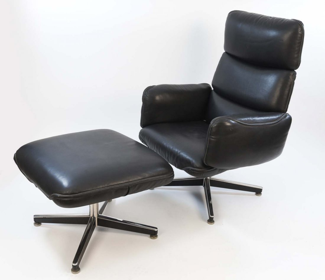 OTTO ZAPF FOR KNOLL LEATHER CHAIR: With ottoman. Knoll tag under ottoman. Dimensions: H 43" x W 31" x D 27" (chair) Condition: Some light vintage wear to upholstery. Few scuffs and scratches to upholstery (one moderate scratch behind b