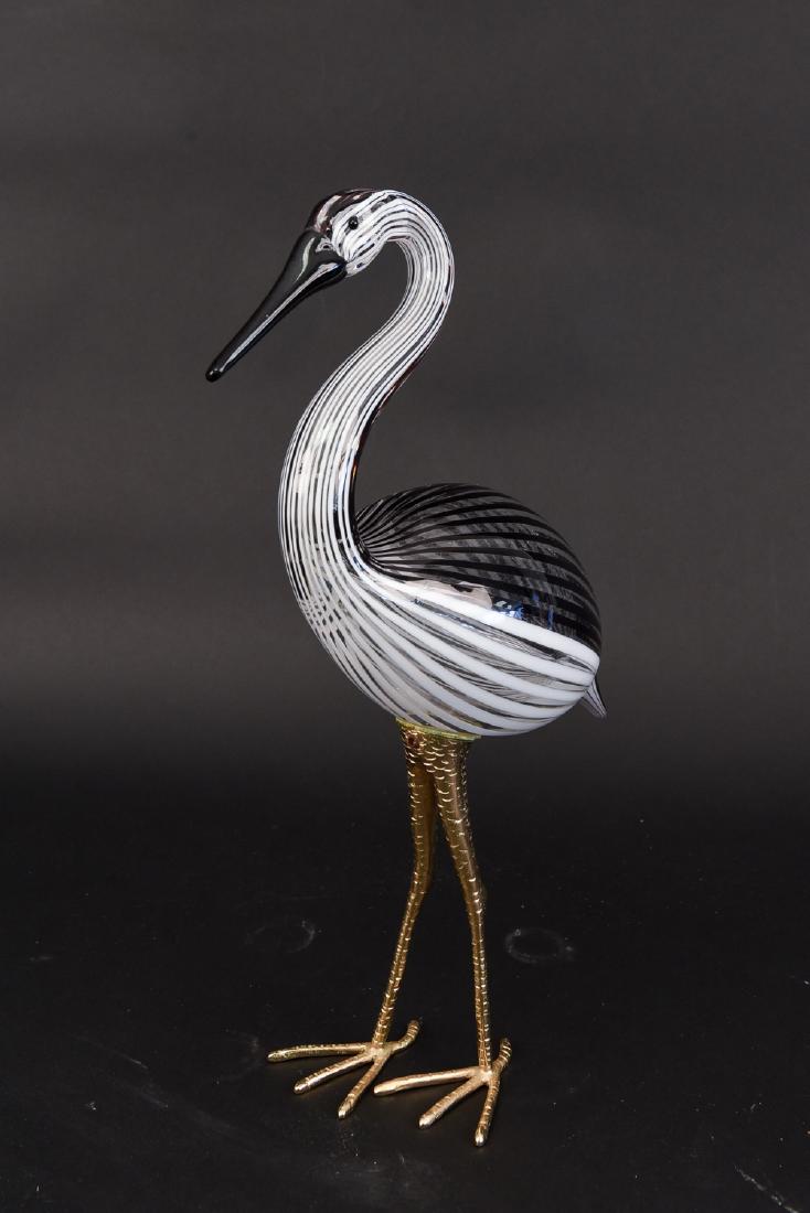 LICIO ZANETTI MURANO GLASS CRANE: Signed under tail Dimensions: H 14.25" x W 4" x D 11" Condition: Glue residue where legs mount to glass (possible to secure mount).