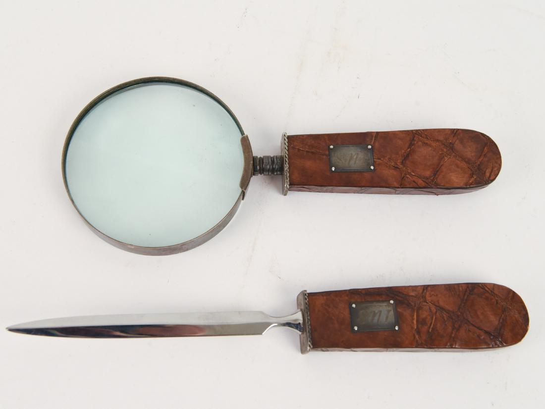 ENGLISH ALLIGATOR & SILVER LETTER OPENER: And magnifier set. Monogrammed: S.N.L. Dimensions: L 9.5" (letter opener) Condition: Showing light signs of use.