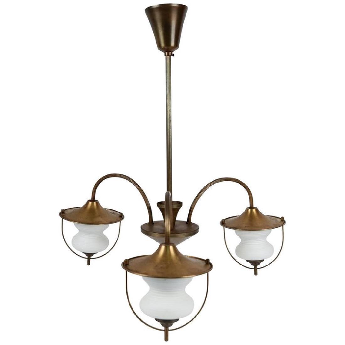 DANISH CHANDELIER BY LYFA FOG & MORUP: Dimensions: H 25.5" Condition: Good. Tarnished brass. May need rewiring. M560