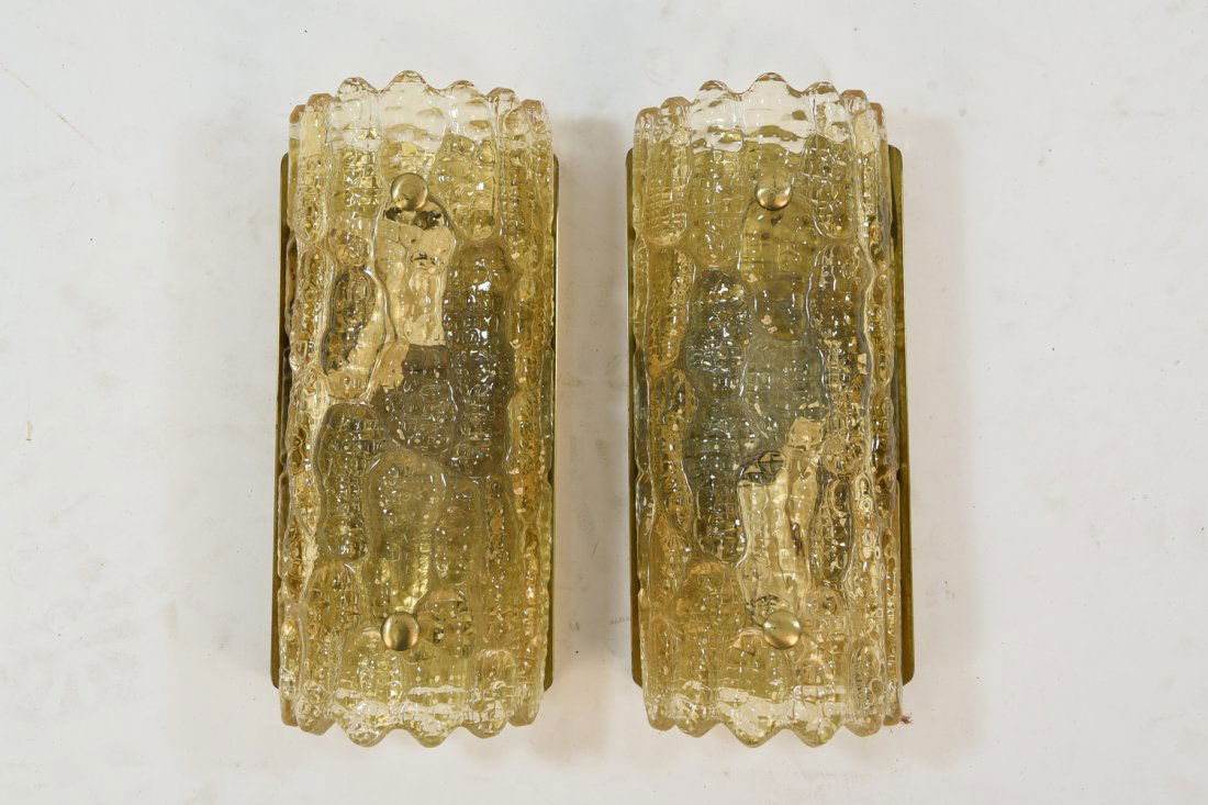 PAIR OF CARL FAGERLUND FOR ORREFORS LYFA SCONCES: Dimensions: H 11” x W 4.75” x D 3.25”Condition: Not tested. Few minor chips to edges. Minor tarnish to brass.WPB059