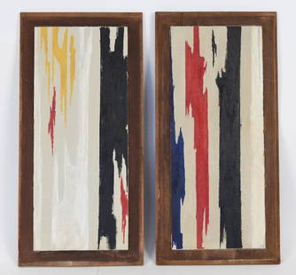 PAIR OF ABSTRACT OIL ON PANELS: In the manner of Clyfford Still. Oil on wood panels, unsigned Dimensions: H 22" x W 11" Condition: Some chipping and cracking to panels.