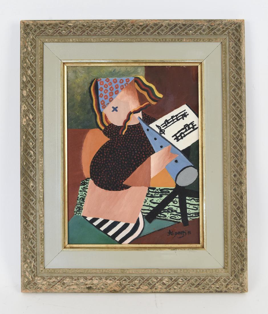CUBIST FIGURE PLAYING FLUTE,1953 O/B: Oil on board, signed Alperti and dated 1953 lower right. Dimensions: (Frame) H 23" x W 19.25", (Sight) H 15.75" x W 11.5" Condition: Mild paint loss to upper right corner.