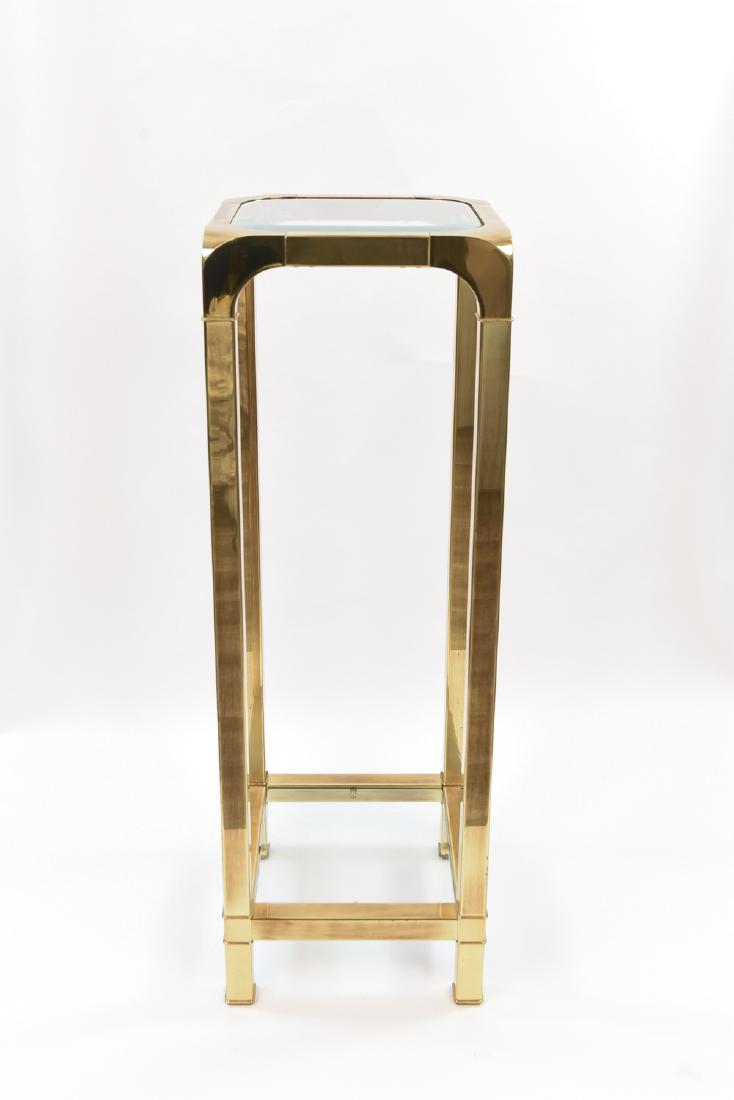 MASTERCRAFT BRASS & GLASS PEDESTAL TABLE: Dimensions: H 36" x W 12" x D 12" Condition: Light pitting and marks to brass.