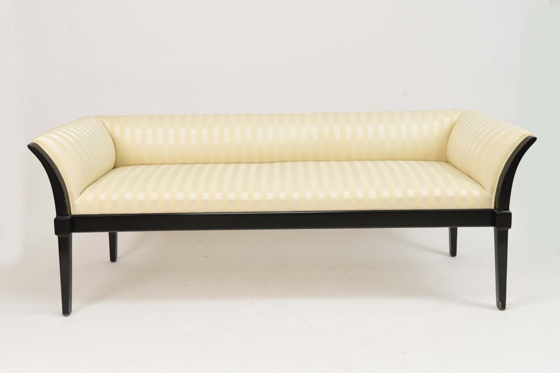 CUSTOM SOFA SETTEE IN WHITE SILK: Dimensions: H 30" x W 60" x D 36" Condition: Some nicks, dings, and losses of paint finish to base. Pencil-like mark to seat cushion.