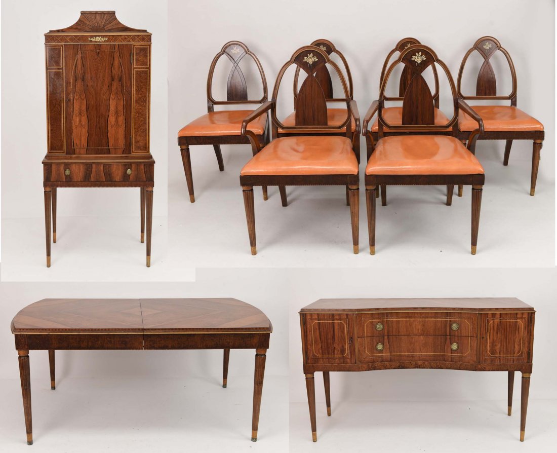 ART DECO ROSEWOOD DINING SUITE TABLE, CHAIRS, ETC. (1 of 10)