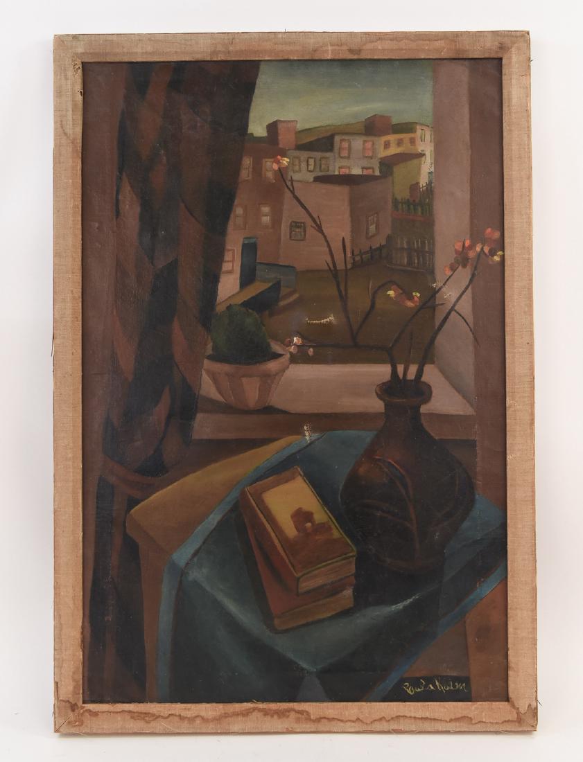 WPA OIL ON CANVAS WINDOW W/ CITYSCAPE: Signed Paul Rain. Dimensions: (Frame) H 32" x W 22", (Sight) H 29.5" x W 19.5" Condition: Three punctures to canvas. Water staining to frame.