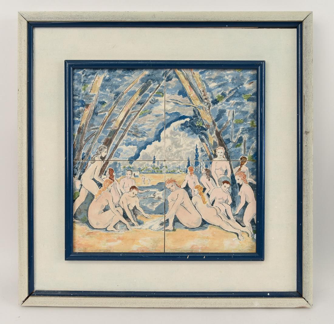 PAINTED TILES NUDE BATHERS: Unsigned ( bathers, after Paul Cezanne.) Painted tile carved out lines. Dimensions: H 18.5" x W 18.5", sight H 11.5" x W 11.5" Condition: Some small white paint marks.