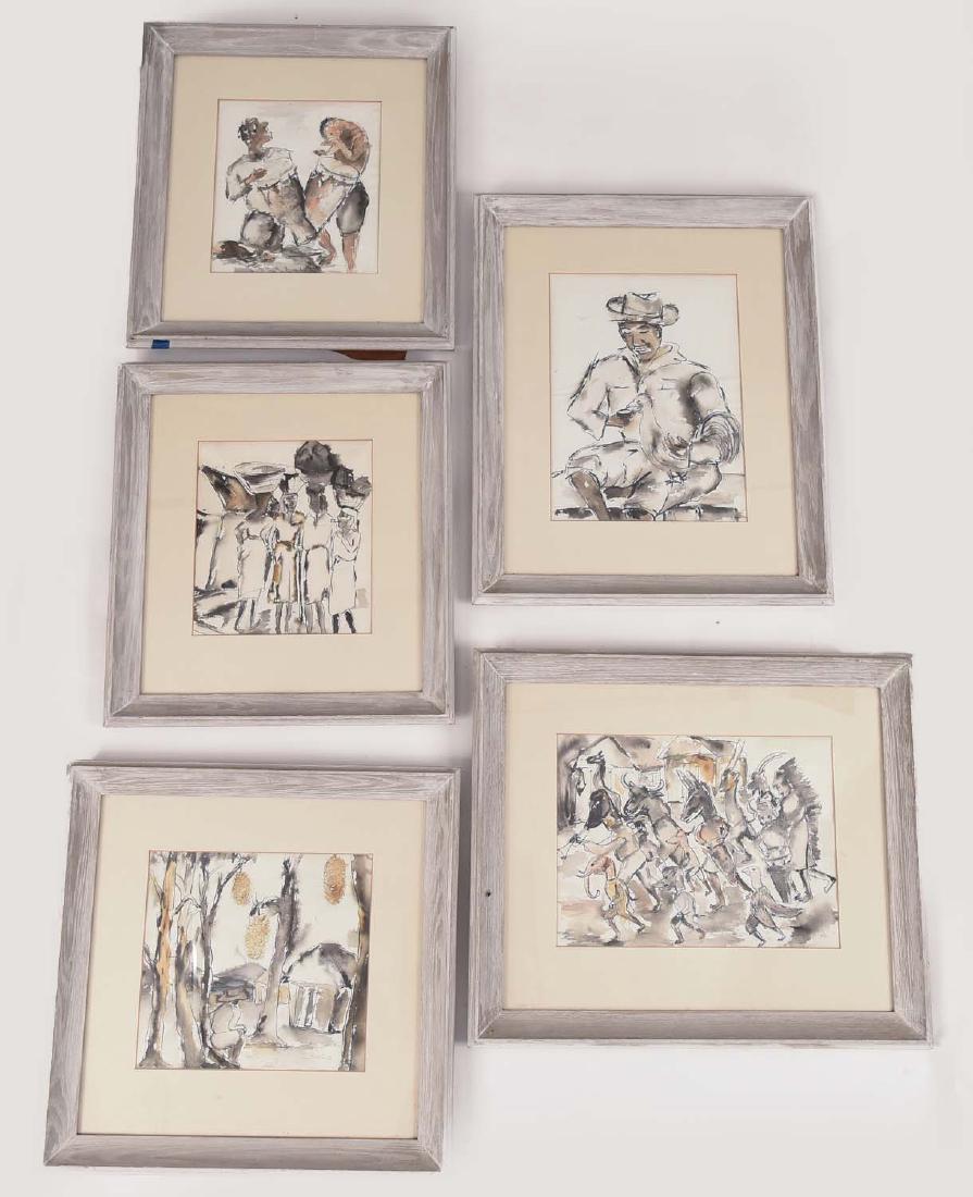 (5) HATIAN WATERCOLOR PAINTINGS: Brown and black Ink on paper, signed lower right. Dimensions: (Frame) H23.5" x W19.5", (Sight) H14" x W10.5" Condition: No issues to note.