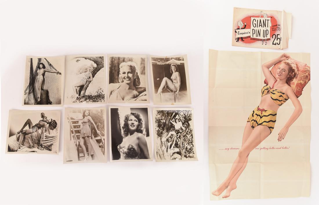 1940S PIN-UP PHOTOS & PRINT: Inlcuding (8) 8x10 black and white pin up photographs and an Esquires giant pin up poster. Condition: Each with rips due to tape. Some bends and creases.