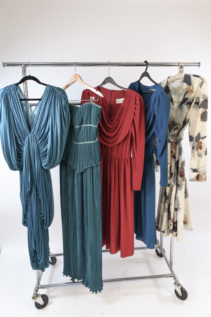 VINTAGE DRESS GROUPING: Including Norma Kamali, Mary Jane Denzer, Richard Warren, Lora Lang. Size: average : 8 Condition: used, some with staining.