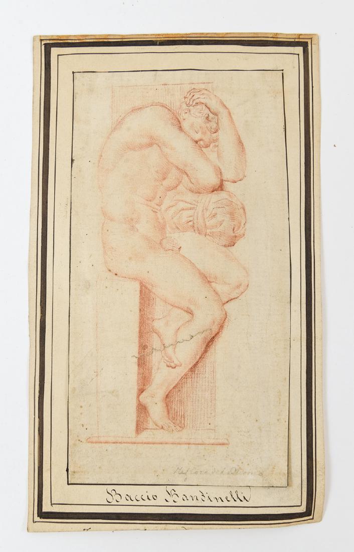 ATTR: BACCIO BANDINELLI OLD MASTER: Untitled (depicting a male nude seating.) Sanguine on light brown and ink on paper,illegibly signed lower left and title. Dimensions: (Paper H 11.5" X 7",( Image) H8.25" x 3.5" W7.25" Condition: Surfa