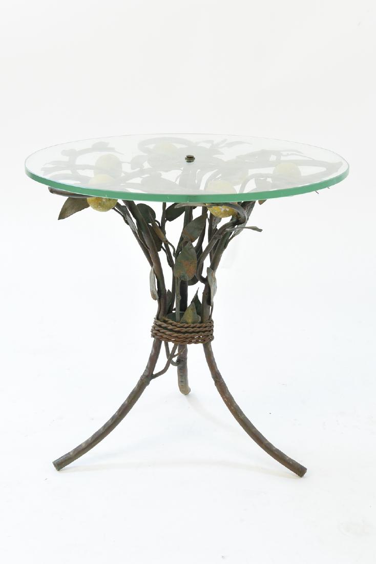 ITALIAN TOLE METAL LEMON TABLE: Dimensions: H 18.75" x DIA 18.5" Condition: Scratches to glass.