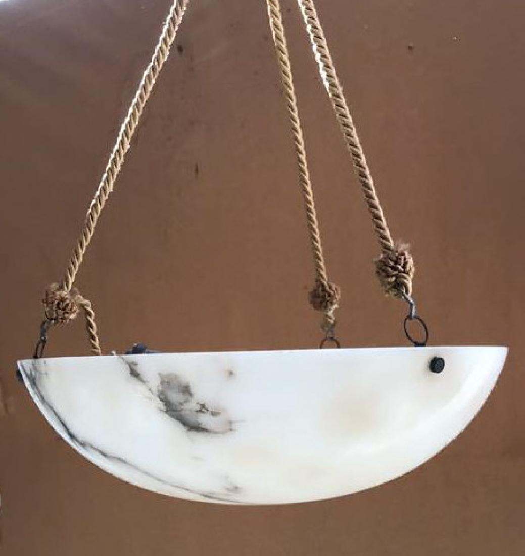 ALABASTER PENDANT LIGHT FIXTURE: Dimensions: H 3.75" x Dia 12", Drop: 25" Condition: Some light scratching and natural cracks. Original wiring.