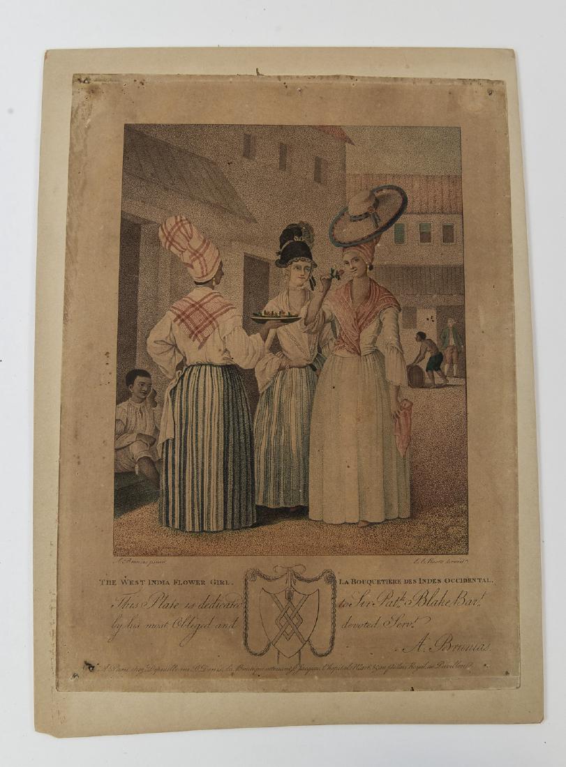 AFTER AGOSTINO BRUNIAS (ITALY 1730-1796): Depicting "The West India flower girl (+ The Barbadoes mulatto girl; 2 by L.C. Ruotte),18th century. Color stipple engraving on paper. Dimension:( Board) H 14" x W 10.25", (Paper/ Image) H11.25." x W 
