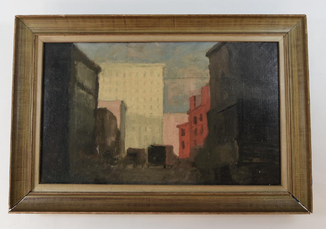 SAN FRANCISCO O/C CITY SCAPE: Signed J. Button to lower left corner.Dimensions: (Frame) H 18.75" x W 27.5", (Sight) H 13.5" x W 23"Condition: Bottom side of frame is detached. Few small areas of paint loss. Wear to frame.
