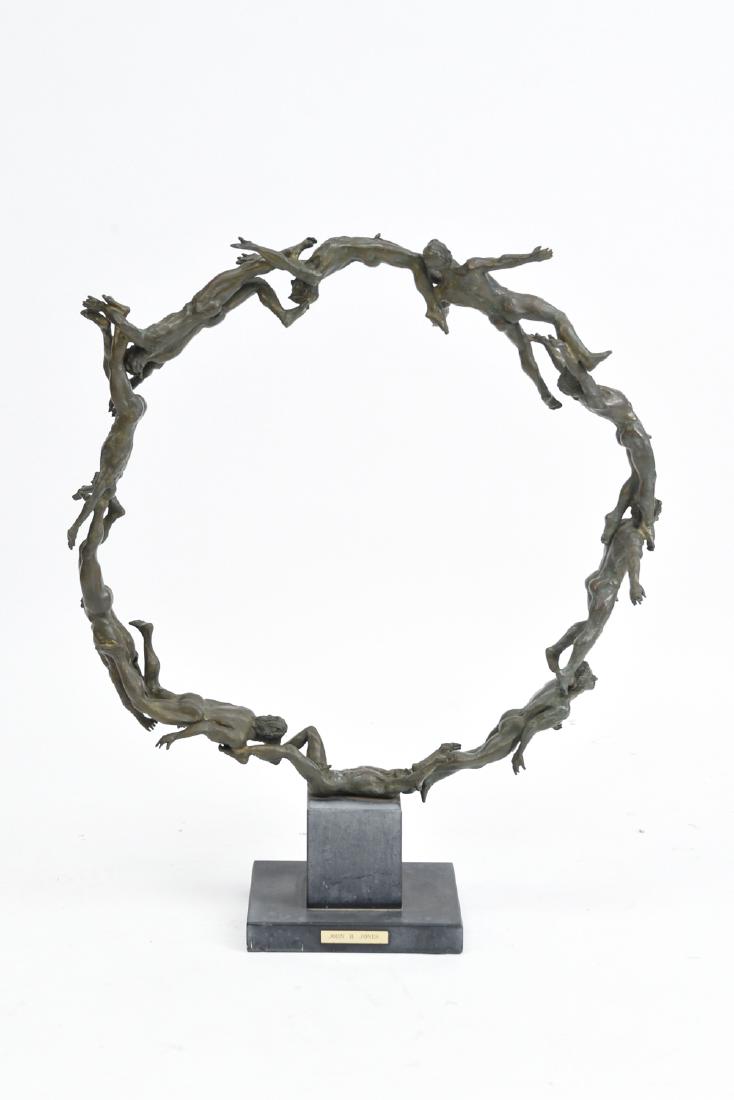 JOHN HAYWARD JONES BRONZE: With metal plaque to base. Dimensions: H 29.5” x W 24.75” x D 7” Condition: Some patina. Some chips to base.