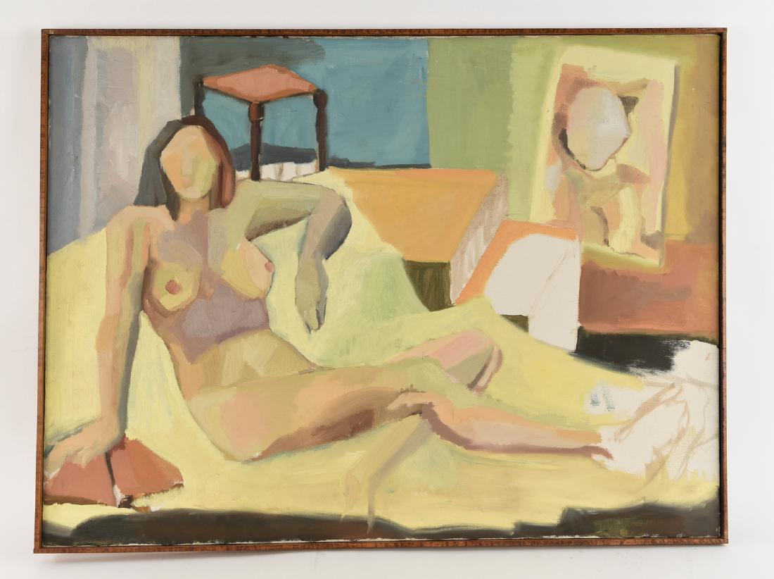 MID-CENTURY ABSTRACT RECLINING NUDE O/C: Oil on canvas, unsigned. Dimensions: H 30.5" x W 40.5" Condition: No issues to note.