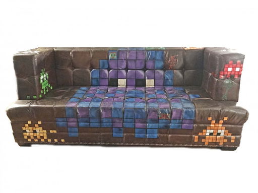 Attr Invader Graffiti Art Painted Leather Sofa