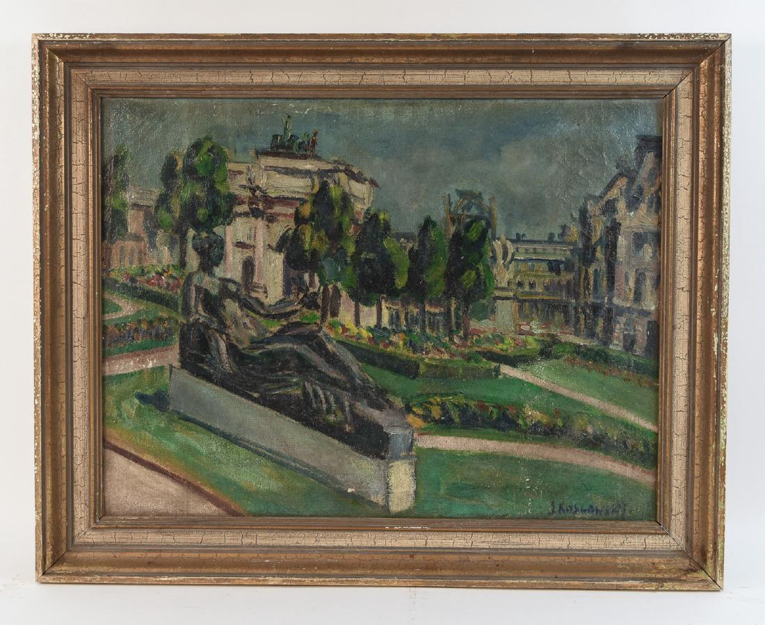 JACQUES KOSLADWSKYRE(LITHU/AMERICAN 1904-1994): Untitled (Depicting a Paris street and park scene.) Oil on canvas, signed lower right Dimension:(Frame) H23.75" x W29.5" (Canvas) H19" X W25" Condition: Surface dirt, cracking, stain and some paint lo