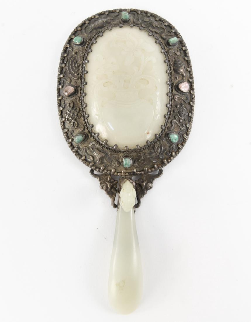 CHINESE SILVER AND JADE HAND MIRROR (1 of 10)