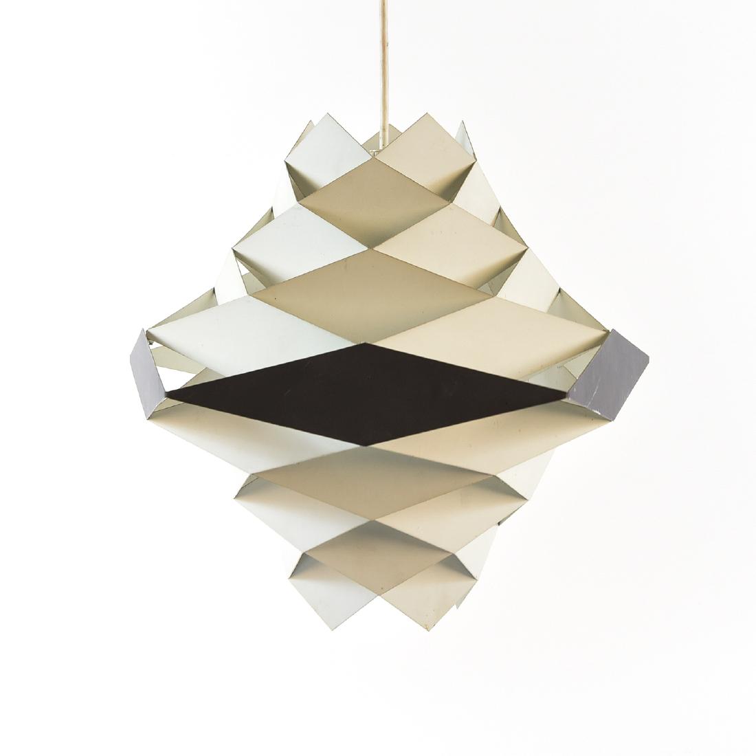 SYMFONI PENDANT LAMP PREBEN DAL FOR HANS FOLSGAARD: Symfoni pendant lamp by Preben Dal for Hans Folsgaard A/S (HF Belysning). 1966. Dimensions: (Body) H 14" x Dia. 16" Condition: Pitting and signs of rust to metal.