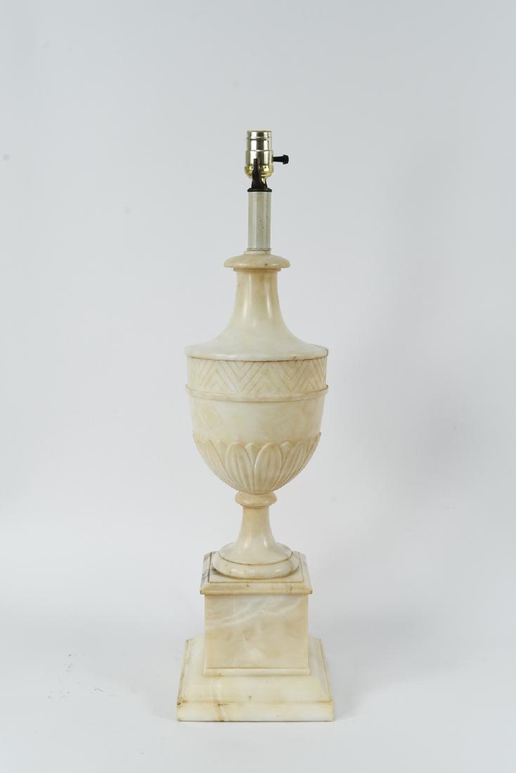 ALABASTER LAMP: Dimensions: H 27.25" x W 7.75" x D 7.75" Condition: Not tested. Some discoloration. Few small flea bites. Top hardware needs restoration.