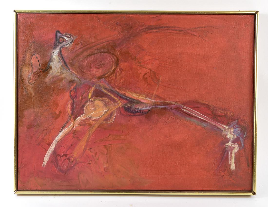 BARBARA BORCK-HART MID-CENTURY ABSTRACT PAINTING: Moving Soul, 1976. Acrylic on canvas, titled, signed, and dated on the verso. Dimensions: (Frame) H 18.75" x W 25", (Canvas) H 18" x W 22" Condition: No issues to note.